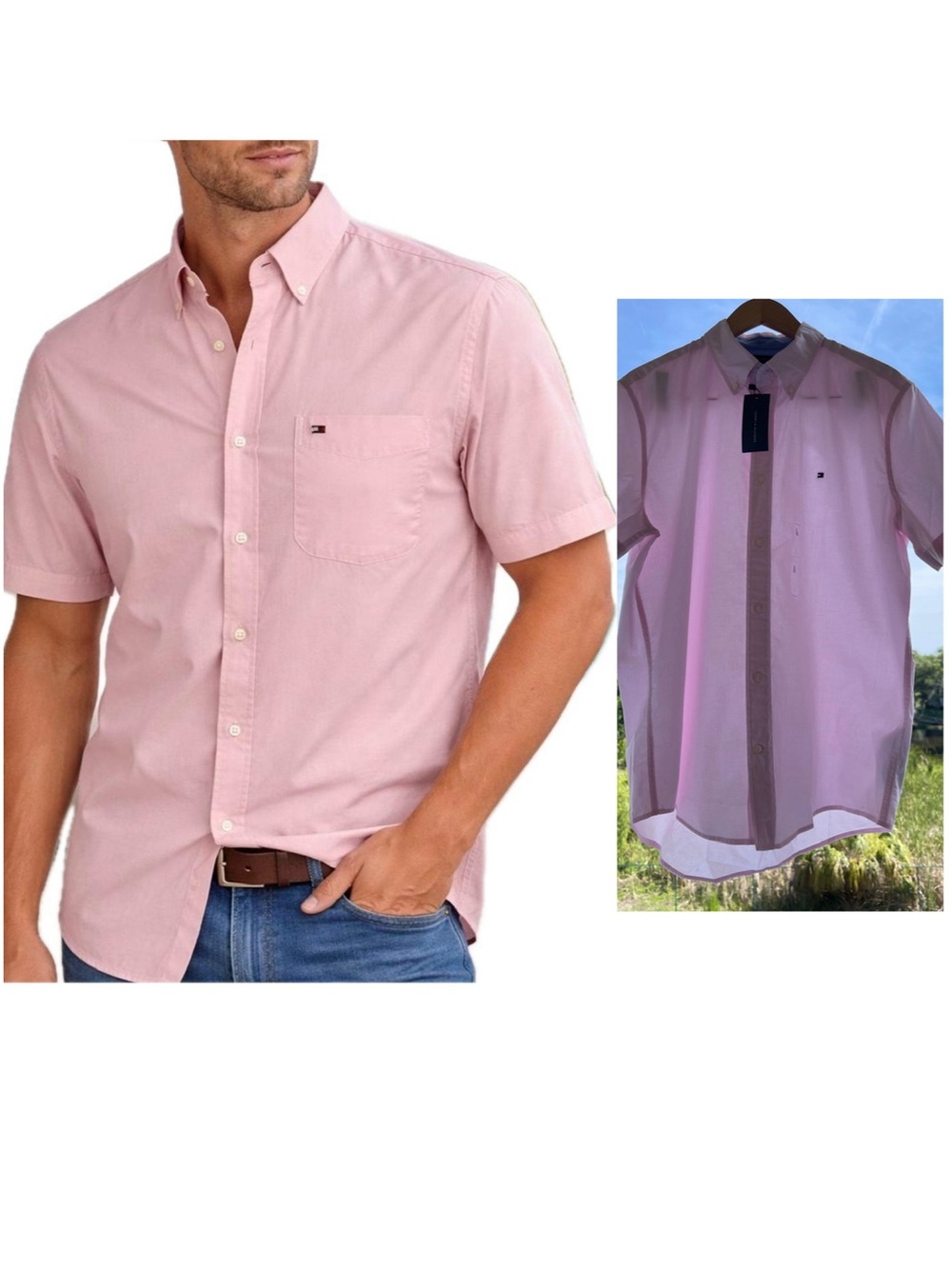 Tommy Hilfiger Men’s Pink Short-Sleeve Button-Down Shirt Size: L/G Cotton NWT
